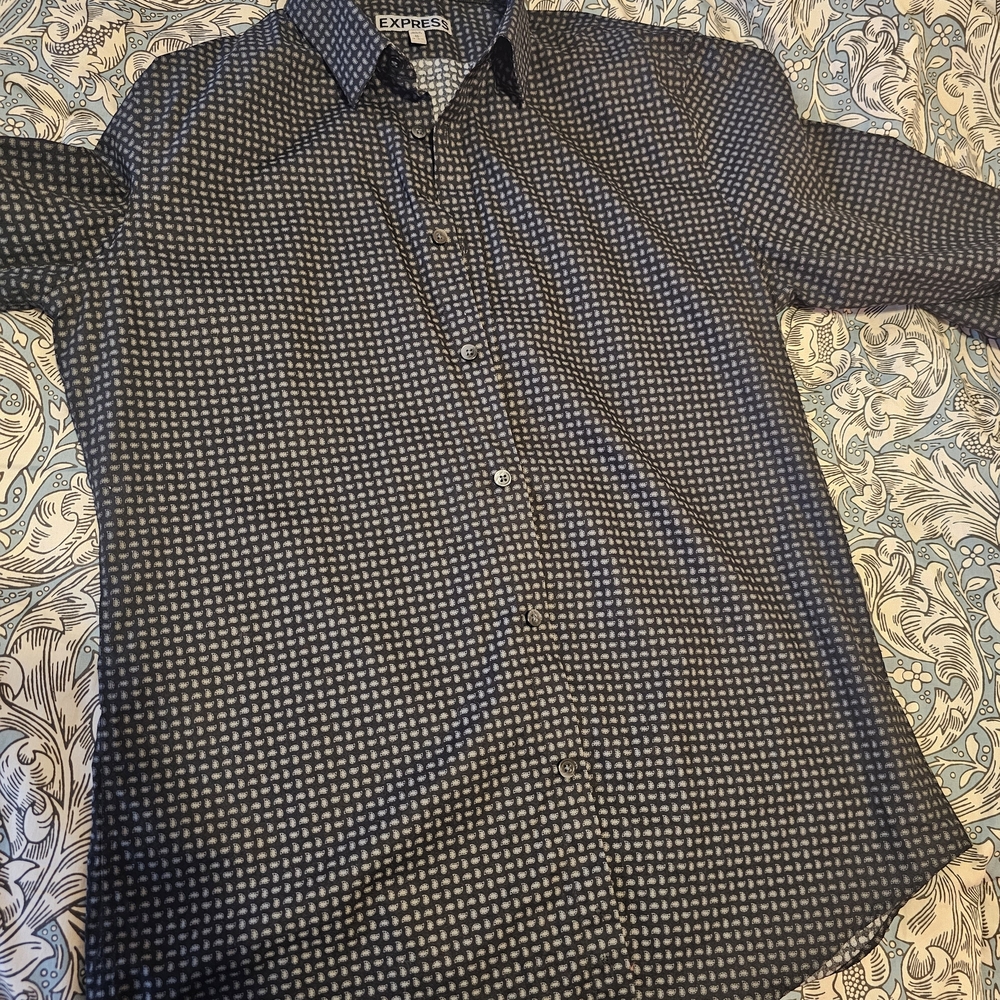 Express Men’s Fitted Paisley Dress Shirt - Black/Grey - Size M (15-15.5)